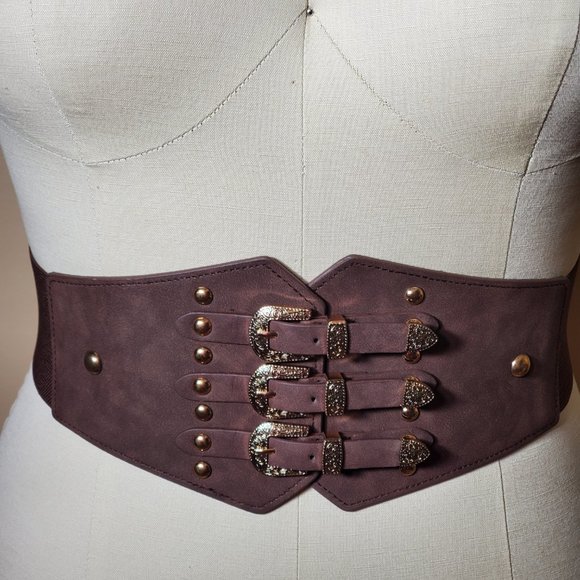 Coffee & Gold Vintage Style 3-Buckle Cumberbund Belt-Elastic Back-Snap Closure. - Picture 4 of 8